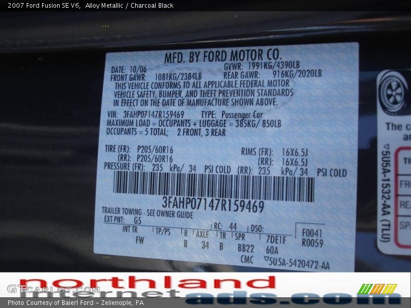 Alloy Metallic / Charcoal Black 2007 Ford Fusion SE V6