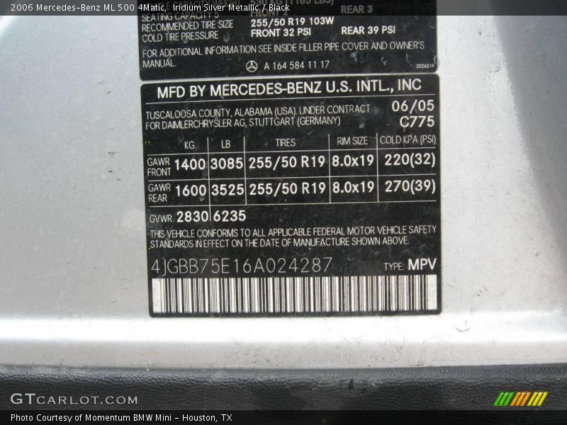 Iridium Silver Metallic / Black 2006 Mercedes-Benz ML 500 4Matic