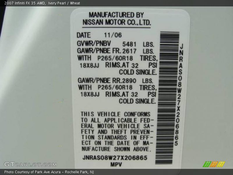 Ivory Pearl / Wheat 2007 Infiniti FX 35 AWD
