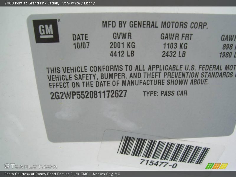 Ivory White / Ebony 2008 Pontiac Grand Prix Sedan