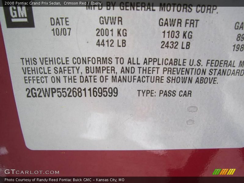 Crimson Red / Ebony 2008 Pontiac Grand Prix Sedan