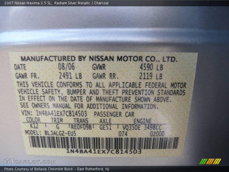 Radiant Silver Metallic / Charcoal 2007 Nissan Maxima 3.5 SL