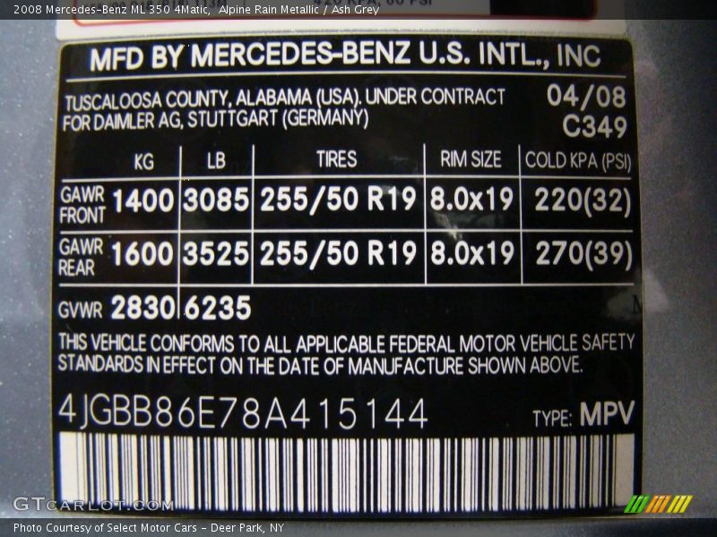 Alpine Rain Metallic / Ash Grey 2008 Mercedes-Benz ML 350 4Matic