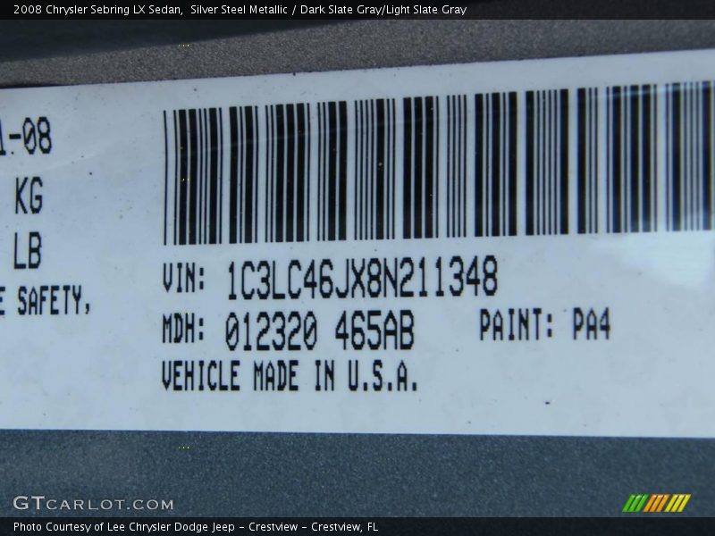 Silver Steel Metallic / Dark Slate Gray/Light Slate Gray 2008 Chrysler Sebring LX Sedan