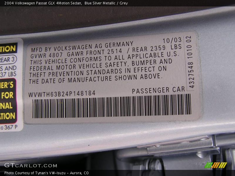Blue Silver Metallic / Grey 2004 Volkswagen Passat GLX 4Motion Sedan