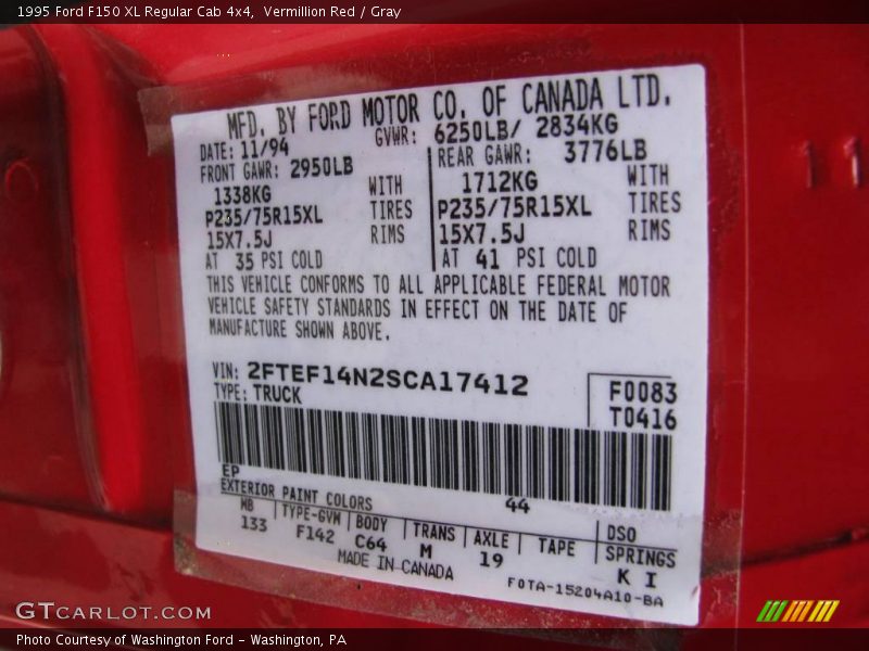 Vermillion Red / Gray 1995 Ford F150 XL Regular Cab 4x4