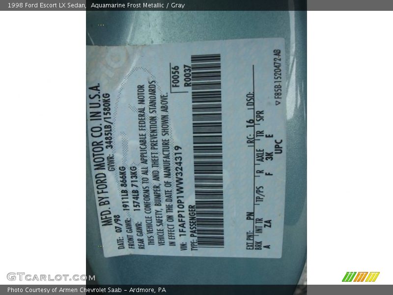 Aquamarine Frost Metallic / Gray 1998 Ford Escort LX Sedan