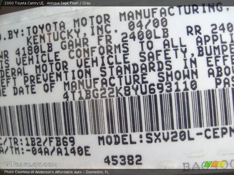 Antique Sage Pearl / Gray 2000 Toyota Camry LE