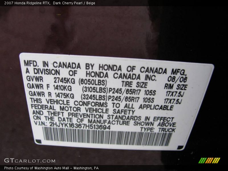 Dark Cherry Pearl / Beige 2007 Honda Ridgeline RTX
