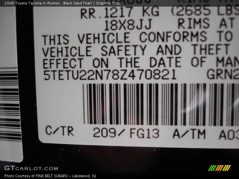 Black Sand Pearl / Graphite Gray 2008 Toyota Tacoma X-Runner