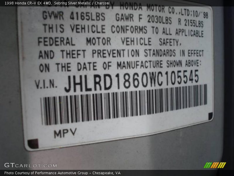 Sebring Silver Metallic / Charcoal 1998 Honda CR-V EX 4WD