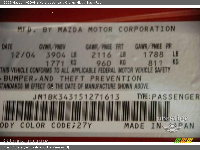Lava Orange Mica / Black/Red 2005 Mazda MAZDA3 s Hatchback