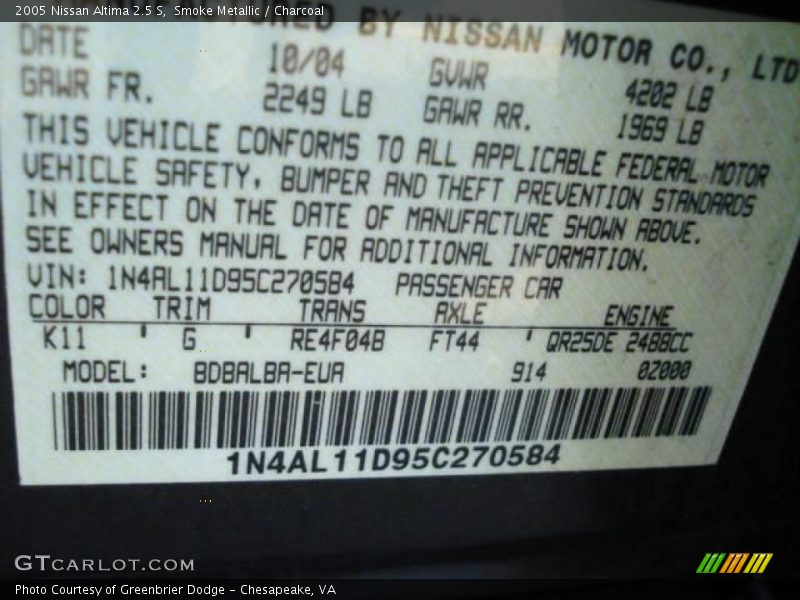 Smoke Metallic / Charcoal 2005 Nissan Altima 2.5 S
