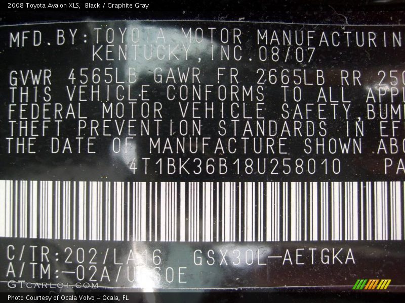 Black / Graphite Gray 2008 Toyota Avalon XLS