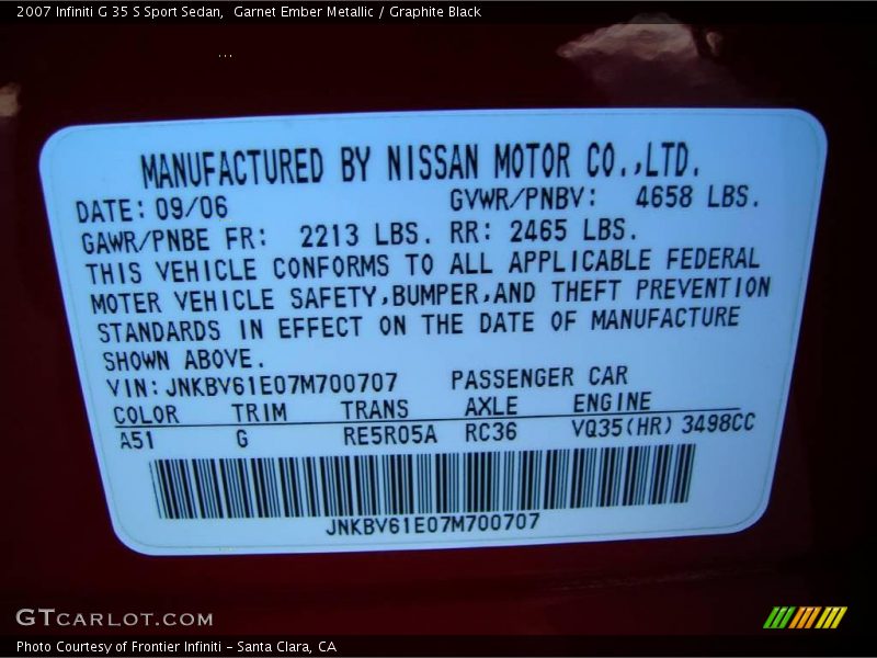 Garnet Ember Metallic / Graphite Black 2007 Infiniti G 35 S Sport Sedan