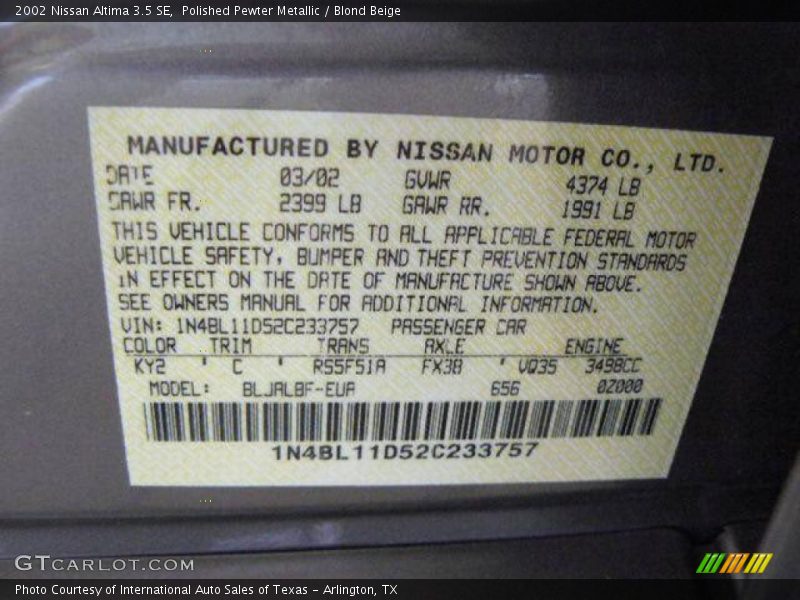 Polished Pewter Metallic / Blond Beige 2002 Nissan Altima 3.5 SE