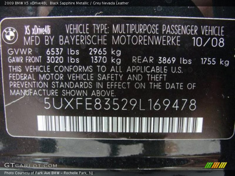 Black Sapphire Metallic / Grey Nevada Leather 2009 BMW X5 xDrive48i