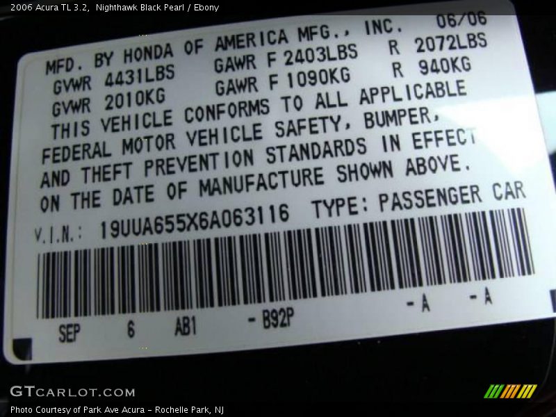 Nighthawk Black Pearl / Ebony 2006 Acura TL 3.2