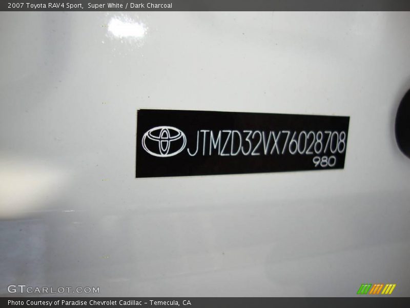 Super White / Dark Charcoal 2007 Toyota RAV4 Sport