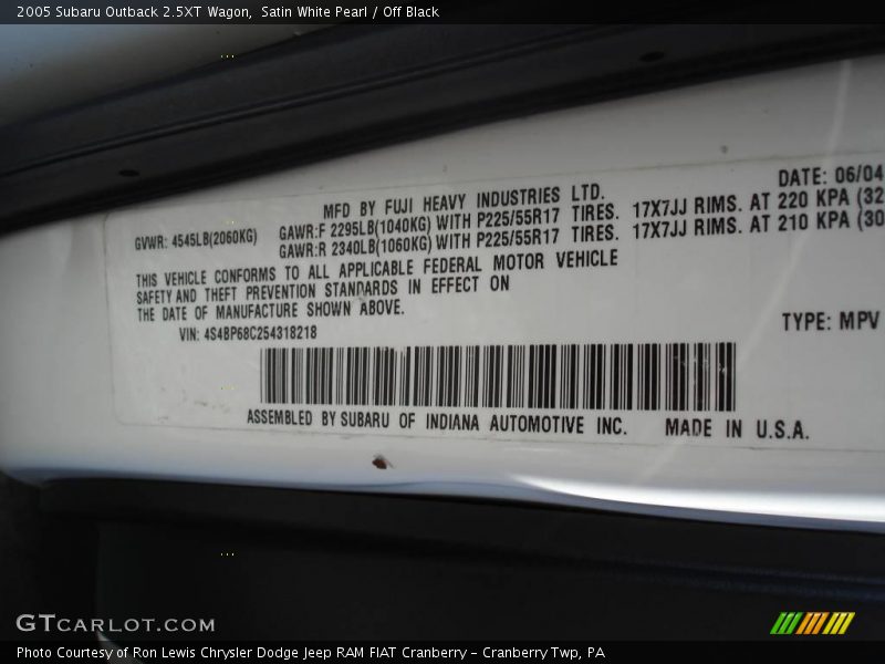 Satin White Pearl / Off Black 2005 Subaru Outback 2.5XT Wagon