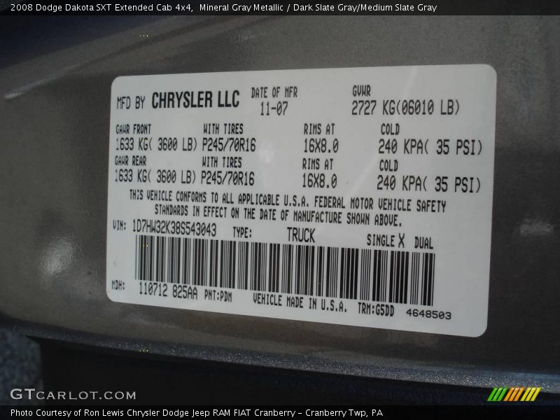 Mineral Gray Metallic / Dark Slate Gray/Medium Slate Gray 2008 Dodge Dakota SXT Extended Cab 4x4