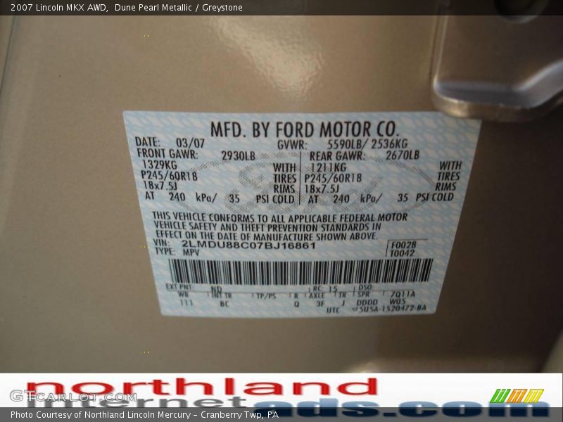 Dune Pearl Metallic / Greystone 2007 Lincoln MKX AWD