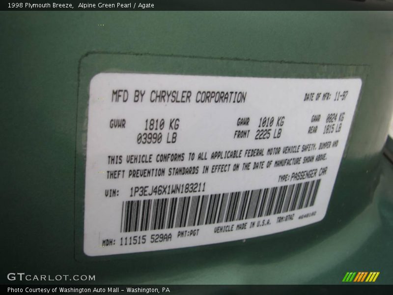 Alpine Green Pearl / Agate 1998 Plymouth Breeze