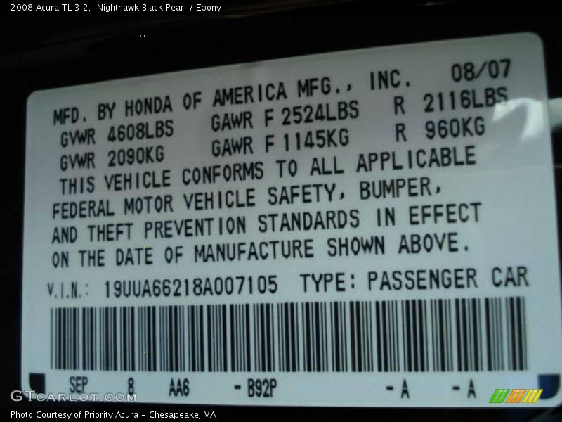 Nighthawk Black Pearl / Ebony 2008 Acura TL 3.2