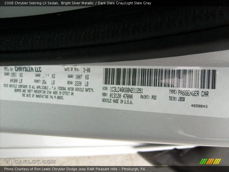 Bright Silver Metallic / Dark Slate Gray/Light Slate Gray 2008 Chrysler Sebring LX Sedan