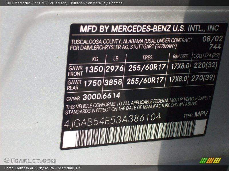 Brilliant Silver Metallic / Charcoal 2003 Mercedes-Benz ML 320 4Matic