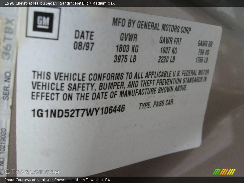 Sandrift Metallic / Medium Oak 1998 Chevrolet Malibu Sedan