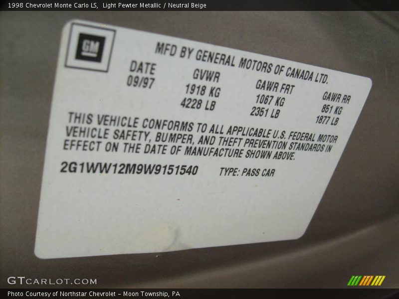 Light Pewter Metallic / Neutral Beige 1998 Chevrolet Monte Carlo LS