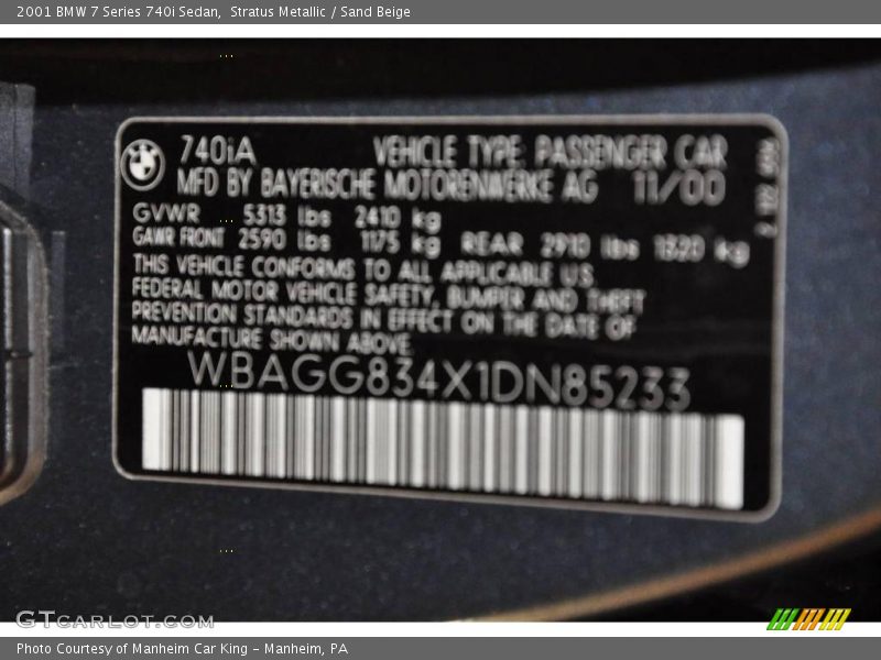Stratus Metallic / Sand Beige 2001 BMW 7 Series 740i Sedan
