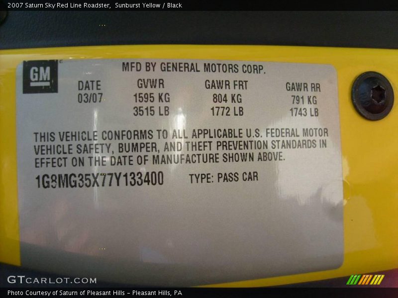 Sunburst Yellow / Black 2007 Saturn Sky Red Line Roadster