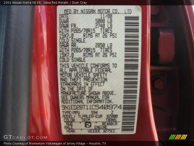 Salsa Red Metallic / Dusk Gray 2001 Nissan Xterra XE V6