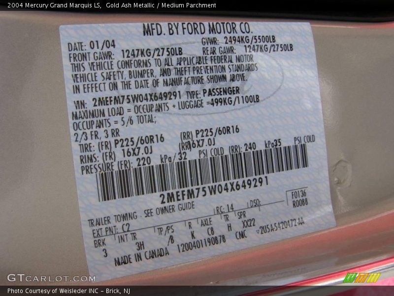 Gold Ash Metallic / Medium Parchment 2004 Mercury Grand Marquis LS