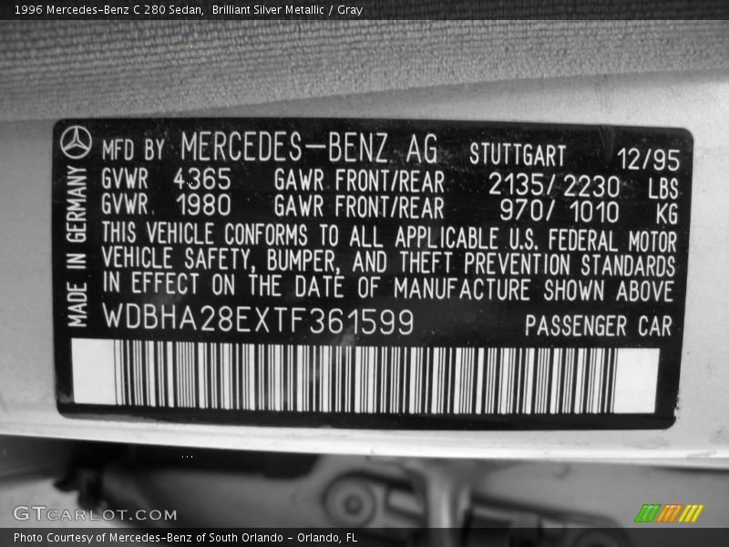 Brilliant Silver Metallic / Gray 1996 Mercedes-Benz C 280 Sedan