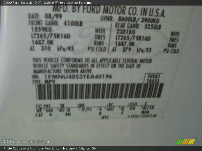 Oxford White / Medium Parchment 2000 Ford Excursion XLT