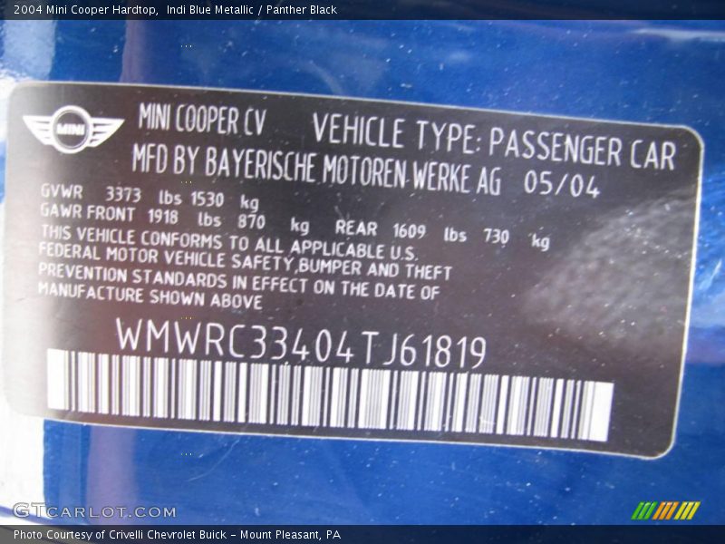 Indi Blue Metallic / Panther Black 2004 Mini Cooper Hardtop