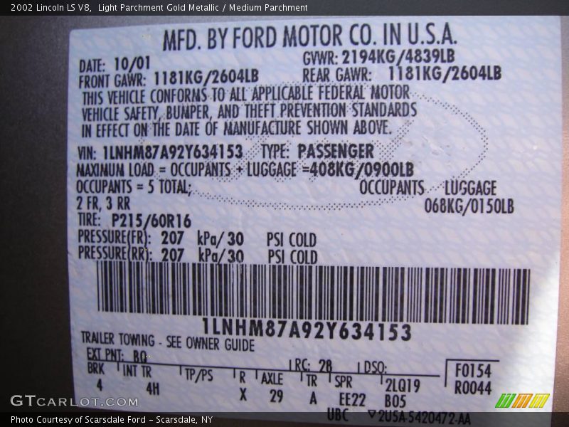Light Parchment Gold Metallic / Medium Parchment 2002 Lincoln LS V8
