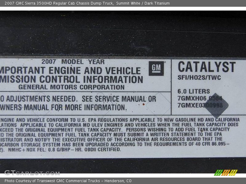 Summit White / Dark Titanium 2007 GMC Sierra 3500HD Regular Cab Chassis Dump Truck