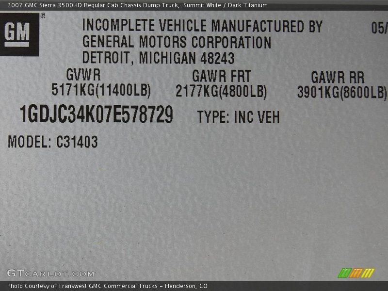 Summit White / Dark Titanium 2007 GMC Sierra 3500HD Regular Cab Chassis Dump Truck