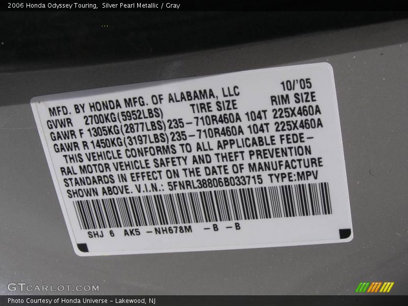 Silver Pearl Metallic / Gray 2006 Honda Odyssey Touring