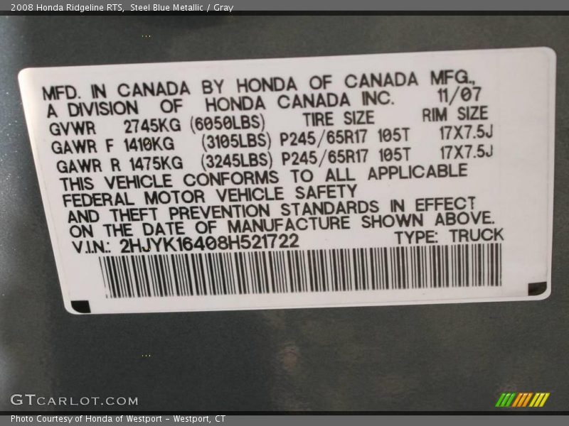 Steel Blue Metallic / Gray 2008 Honda Ridgeline RTS