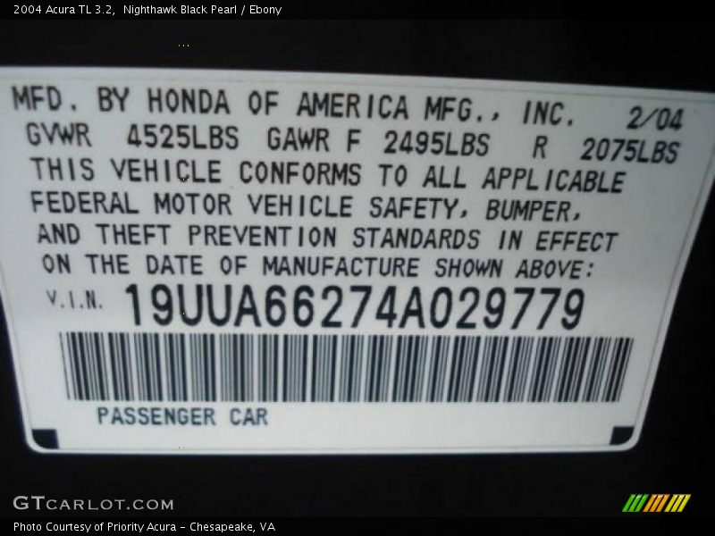 Nighthawk Black Pearl / Ebony 2004 Acura TL 3.2
