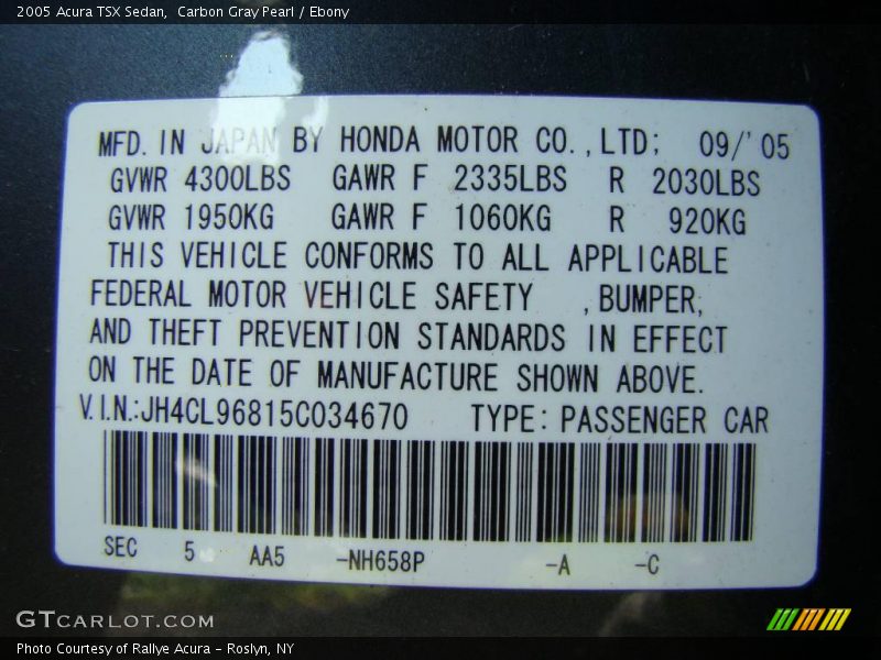 Carbon Gray Pearl / Ebony 2005 Acura TSX Sedan