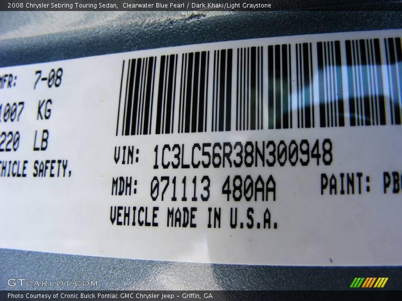 Clearwater Blue Pearl / Dark Khaki/Light Graystone 2008 Chrysler Sebring Touring Sedan