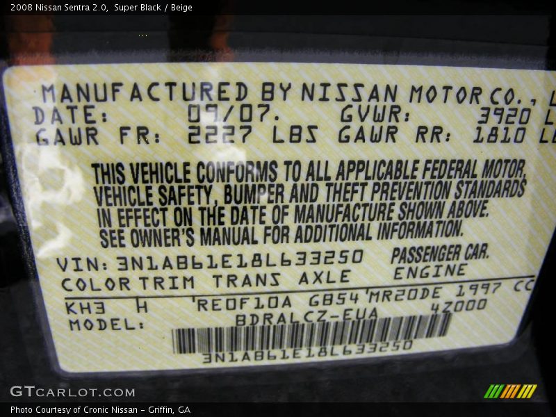 Super Black / Beige 2008 Nissan Sentra 2.0