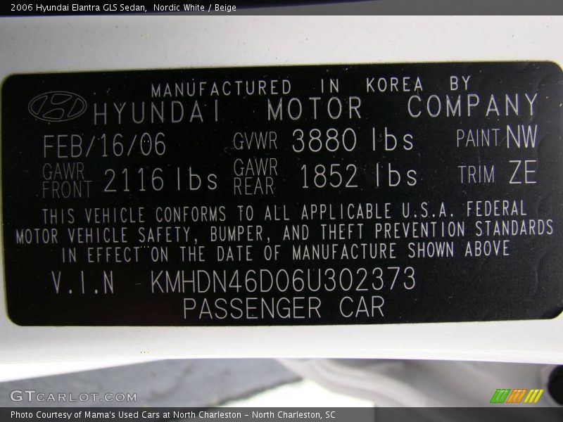 Nordic White / Beige 2006 Hyundai Elantra GLS Sedan