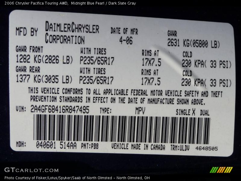 Midnight Blue Pearl / Dark Slate Gray 2006 Chrysler Pacifica Touring AWD
